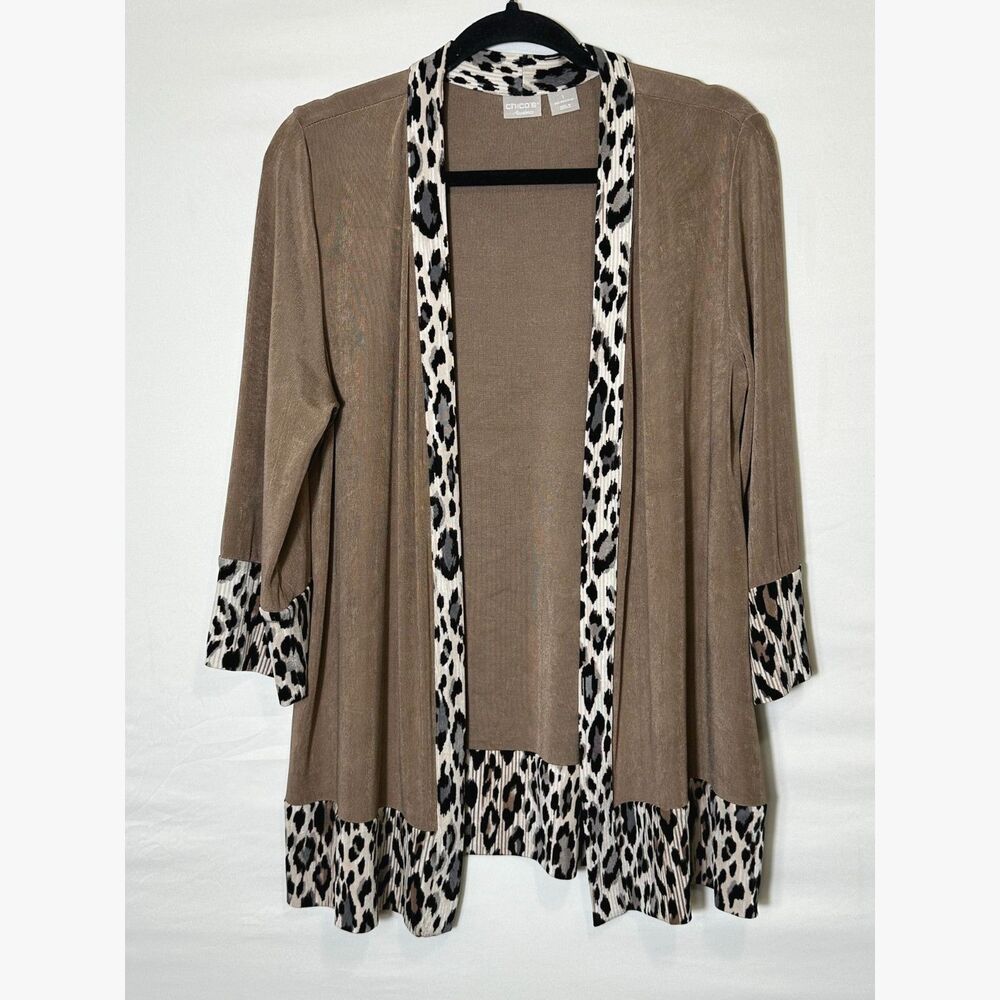 Chico's Travelers Tan Open-Front Knit Cardigan Leopard Print Trim Size 1 (M)